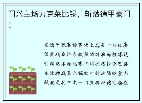 门兴主场力克莱比锡，斩落德甲豪门！