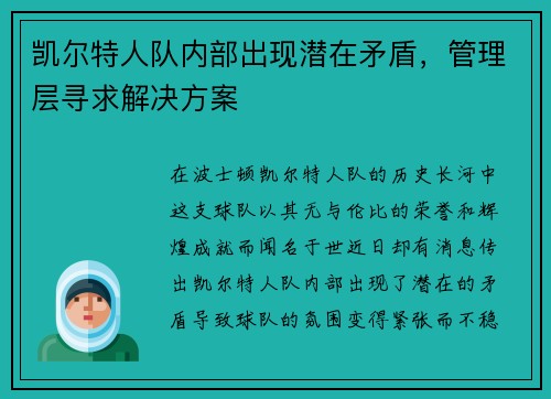 凯尔特人队内部出现潜在矛盾，管理层寻求解决方案